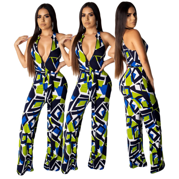 Fashion Sleeveless Geometric Print Zipper Jumpsuit With Belt ML7200