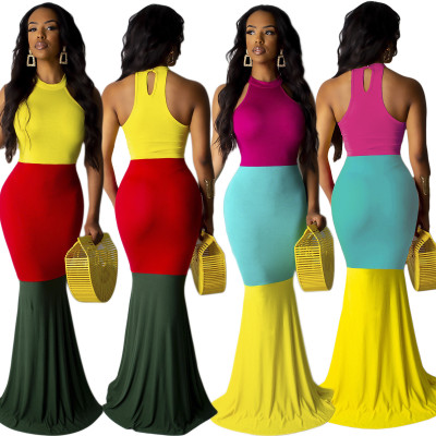 Party Sleeveless Bodycon Color Block Floor Length Dress YY5038