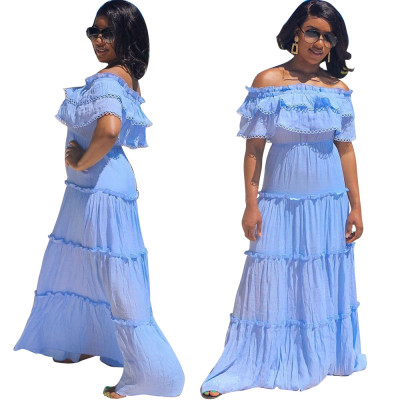 Casual Solid Color Ruffle Overlay Flat Shoulder Long Dress HM5240