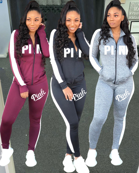 Casual Letter Printed Zipper Long Sleeves Cardiagn With Trousers Two Piece Set XM1158