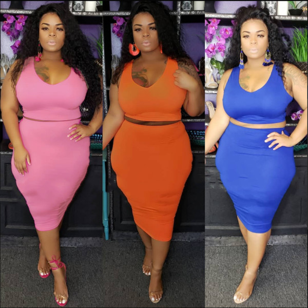 Plus Size Women Pure Color Skirt Suits With Zipper YF1022