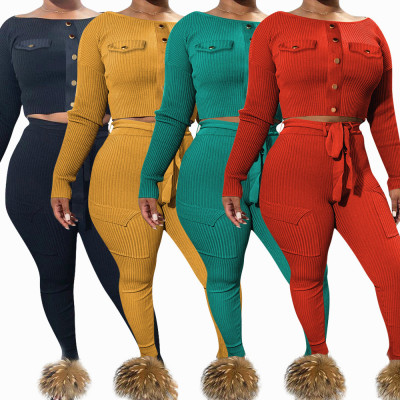 Autumn Winter Stretchy Plain Color 2 Pieces Ribber Outfits OEP6052