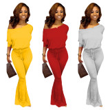 Oblique Shoulder Top Flares Pants Pure Color Leisure Suits SDD9172