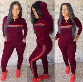 Long Sleeves Women Plus Size Set Wine Red H1050-1