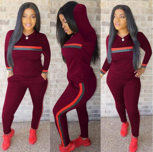 Long Sleeves Women Plus Size Set Wine Red H1050-1