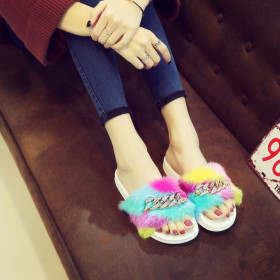 Autumn and winter chain flash diamond rainbow fur non-slip warm slippers QF288-3