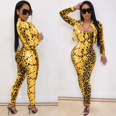 Newest Polyester Bodycon Clubwear Leopard Print Jumpsuit 2pcs YYZ637
