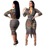 Print Surplice Neck Midi Dress With Belts SMR9100