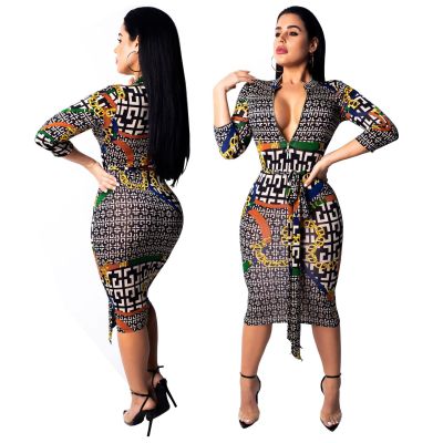 Print Surplice Neck Midi Dress With Belts SMR9100