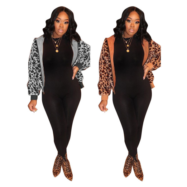 Fashion Fall&Winter Leopard Print Casual Zipper Hooded Jacket F8256