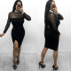 Nightclub sexy high collar mesh stitching dress LL0281