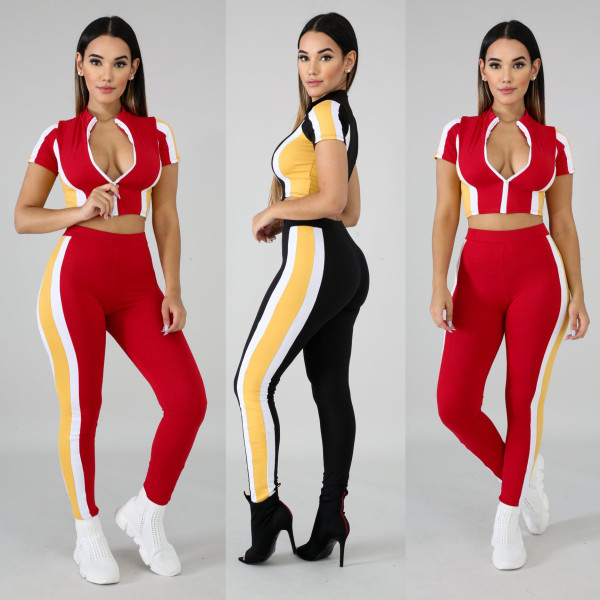 Two Pieces Set Crop Ziper Tops Striped Side Pants Outfits JLX3080
