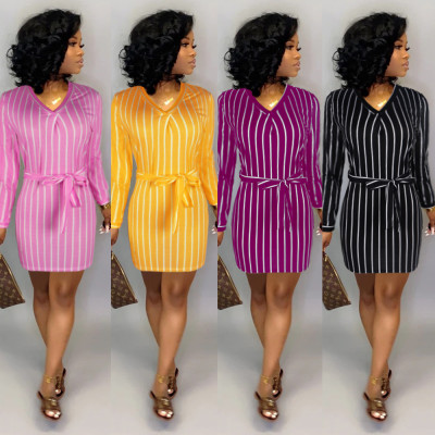New Arrival Slim Bodycon Casual V Neck Striped Dress KF78