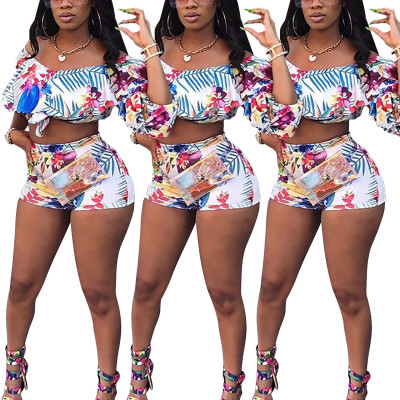 Fashion Women Printing Outfits Ruffle Crop Top Casual Shorts NK016