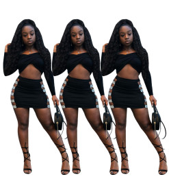 Long Sleeve Crop Top Hollow Out Wrap Skirt For Ladies SDD9050