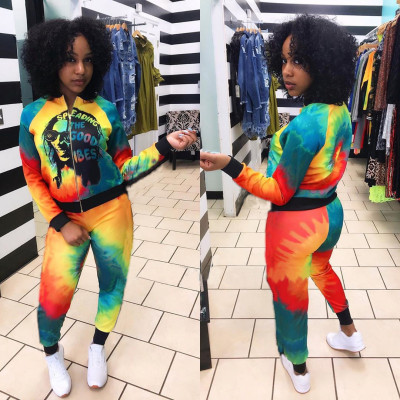 Street Style Long Sleeve Two-Piece Bodycon Tie-Dye Sport Sets C2045