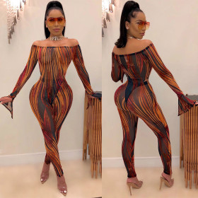 Sexy word shoulder perspective stripes slitted trumpet sleeves two-piece nightclub clothing F134
