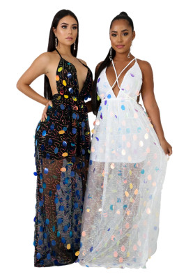 White/Black Sexy Bandage Sequins Polka Dot Backless Long Dress LA3147