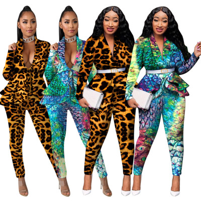 Printing Ladies Fashion Sets Ruffle V Neck Coat Tight Pants QQM3871
