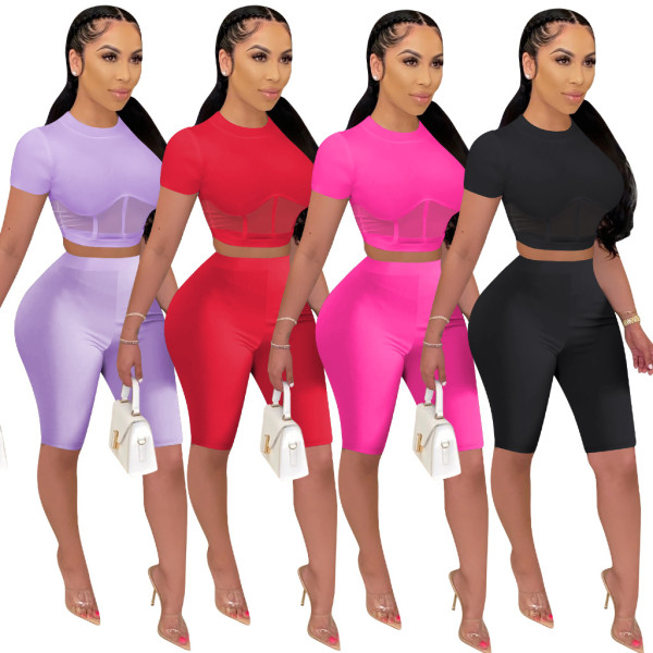 Mesh splicing flared pants sports short suit two-piece suit QQM4038