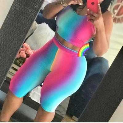 Rainbow Women Hot Suits Tank Top Bodycon Shorts ZH5027