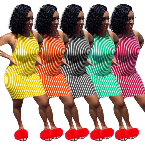Sexy Striped Printed Suspenders Backless Bodycon Dress NK137