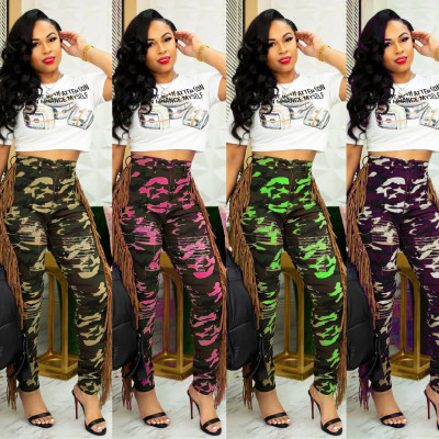 Hollow Out Women Camouflage Skinny Pants With Tassel CM613