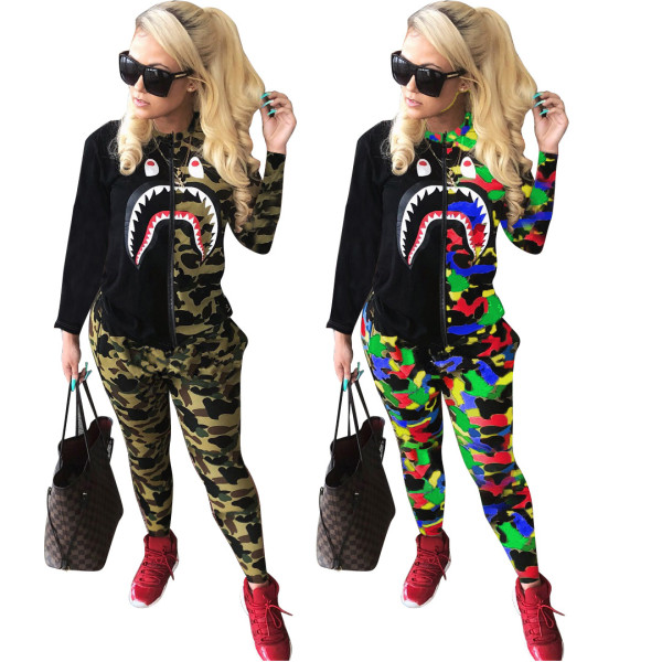 Fashion trend shark mouth camouflage color matching zipper printing two-piece set N9241