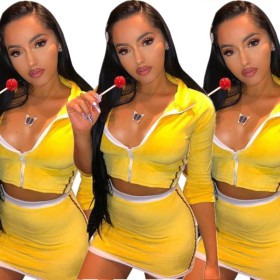 Leisure 2 Pieces Outfits Zipper Crop Coat Short Bodycon Skirt E807