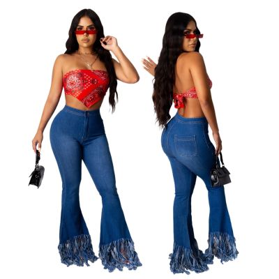 Fashion hot-selling slim-fit washed fringed flared pants HSF2310