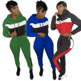 Sporty Hooded Long Sleeve Sets Color Block Patchwork Jumpsuit 2pcs HR8093