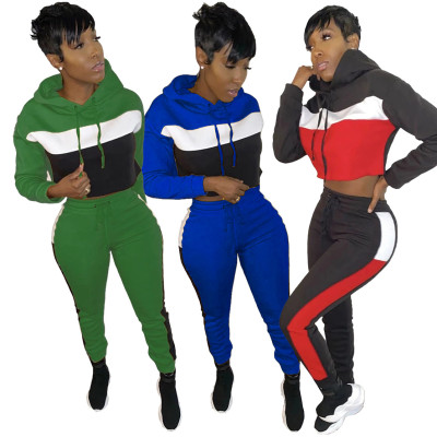 Sporty Hooded Long Sleeve Sets Color Block Patchwork Jumpsuit 2pcs HR8093