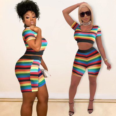 Women's Round Neck Short Sleeve Rainbow Stripe Set MA6310