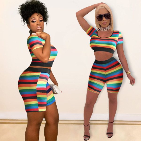 Women's Round Neck Short Sleeve Rainbow Stripe Set MA6310