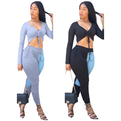 Fashion V-Neck Long Sleeves Drawstring Cropped Top With Denim Stitching Pocket Pants Two Piece Set B