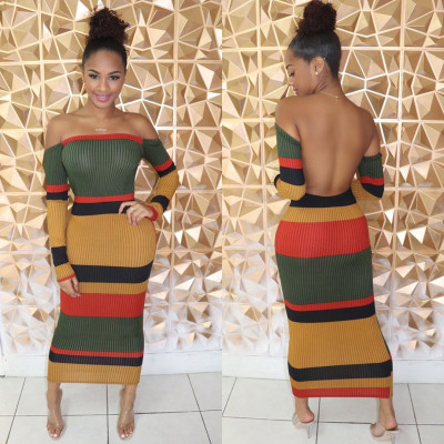 Colorful Flat Shoulder Ribber Backless Ankle Length Dress QZ4078