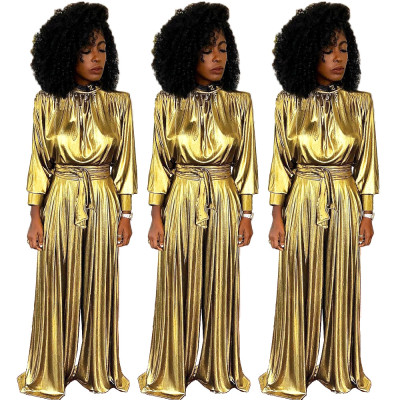 Fashion Ladies Gold Wide Leg Jumpsuit With Belt GL6083