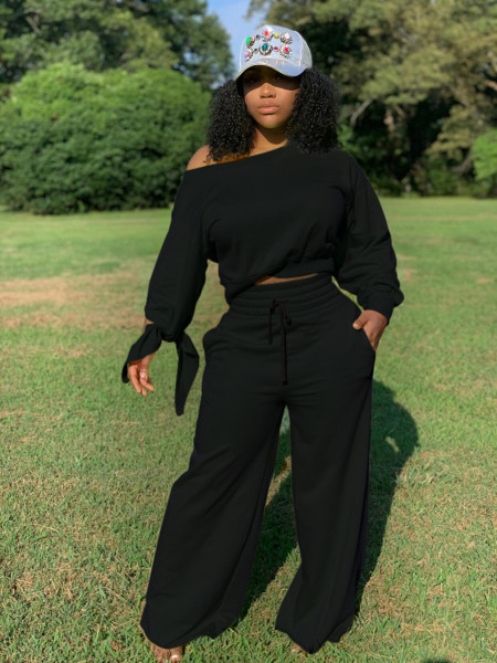 Sexy Solid Color Round Neck Long Sleeves Mini Top With Drawstring Trousers Two Piece Set OL6021