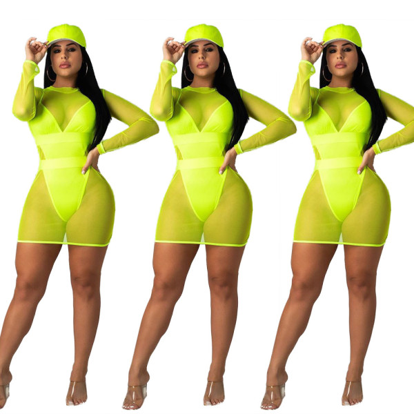 Plus Size Lady Sets Condole Belt Bikini Long Sleeve Mesh Dress ZH5096