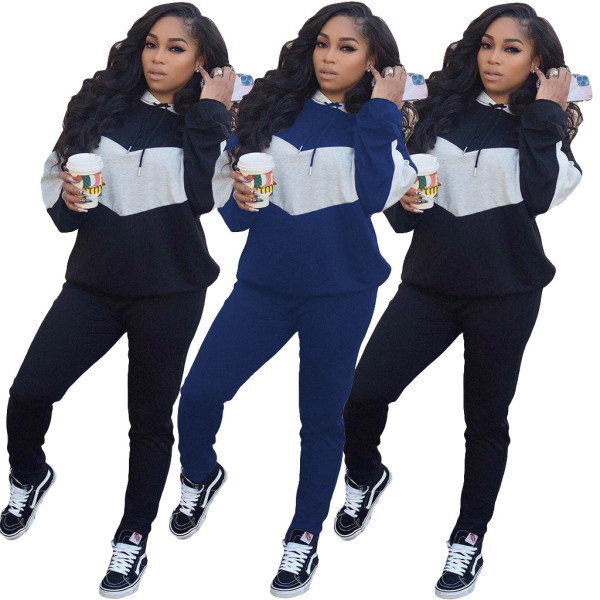 Color Block Hoodie Solid Pants Leisure Outdoor Winter Sets ML7268