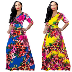 Elegant Floral Printing 3/4 Sleeves Belted Maxi Dress X9166