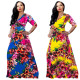 Elegant Floral Printing 3/4 Sleeves Belted Maxi Dress X9166