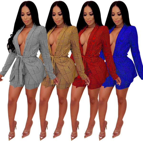 Office Ladies Printing Suits Belted Coat Bodycon Shorts QQM3599