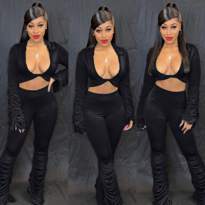 Solid Color Bodycon Pleated Sets V Neck Crop Top Long Pants QQ5152