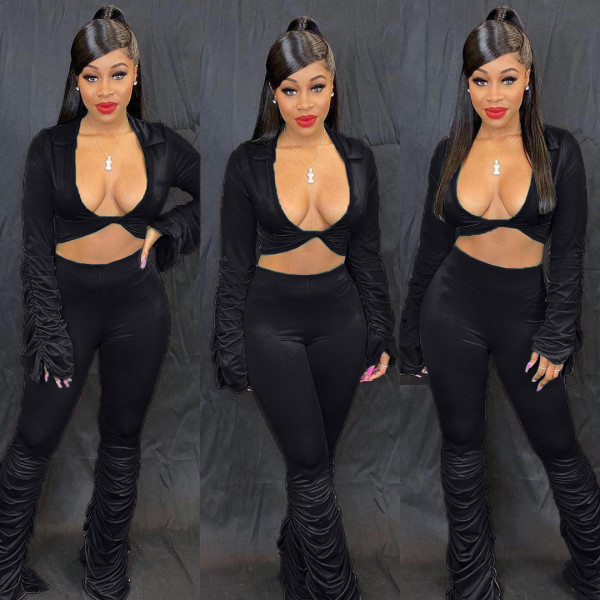 Solid Color Bodycon Pleated Sets V Neck Crop Top Long Pants QQ5152