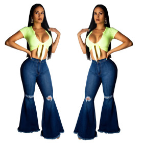 Leisure Denim Ripped Flared Pants For Women SMR2024