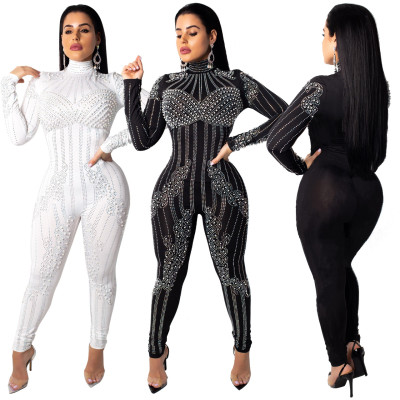 Rhinestone High Neck Bodycon Jumpsuits Q184