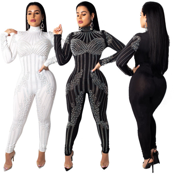 Rhinestone High Neck Bodycon Jumpsuits Q184