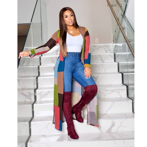 New Style Loose Cardigan Women Color Block Split Long Coat CX180