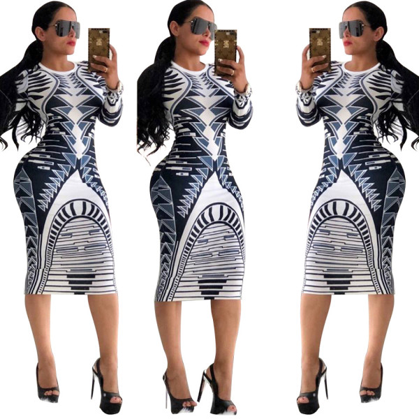 Promotion Geometric Print Long Sleeve Midi Dress XY1874